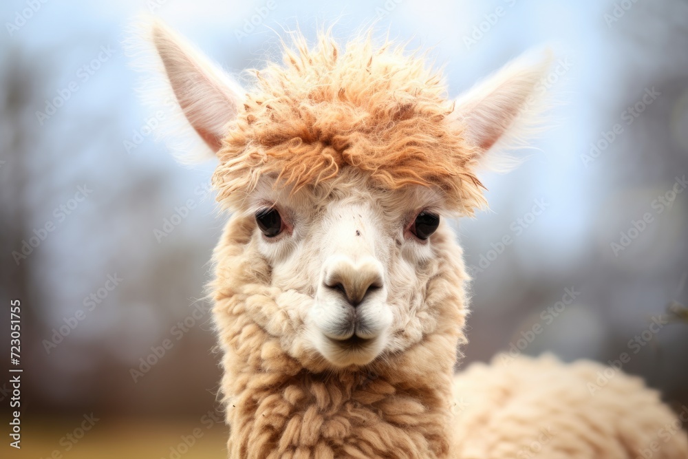 A close-up shot of a llama, with its expressive eyes focused on the camera, displaying curiosity.