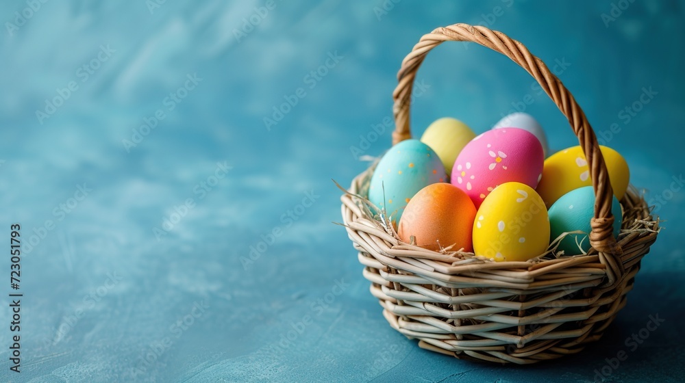 Easter eggs nestled in a charming basket on blue background. Easter eggs nestled in a charming basket on blue background.