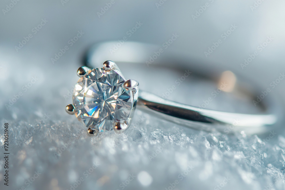 Luxury jewelry. White gold or silver engagement ring with diamonds closeup, selective focus. Female wedding accessories, ring with stone extreme closeup Luxury jewelry. White gold or silver engagement ring with diamonds closeup, selective focus. Female wedding accessories, ring with stone extreme closeup
