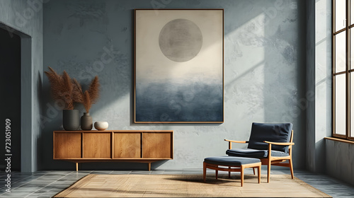 A modern digital art piece with abstract geometric shapes in a  room photo