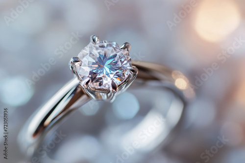 Luxury jewelry. White gold or silver engagement ring with diamonds closeup, selective focus. Female wedding accessories, ring with stone extreme closeup