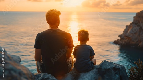 Rearview photography of a father and son sitting together on a rock or cliff on the sea coast, wearing black t shirts and looking at the ocean waves during the golden hour sunset sky, vacation photo