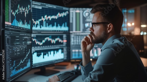 Digital screen, featuring graphs, static and data analysis. A male people analysing candlestick charts and financial indicators to forecast market movements and identify trading opportunity.