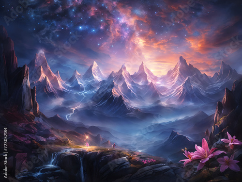 A pink flower sits in the foreground  with a waterfall flowing down from the left. In the background  there are tall mountains and a sky filled with stars.