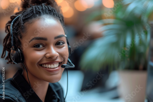 Call center worker with headset smiling in office