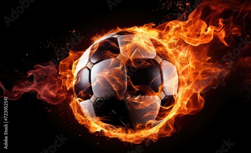 A soccer ball sits in the center of a blazing fire  engulfed in flames.
