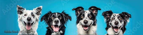 A diverse group of dogs from different breeds standing next to each other in a straight line  showcasing their unique features and personalities.