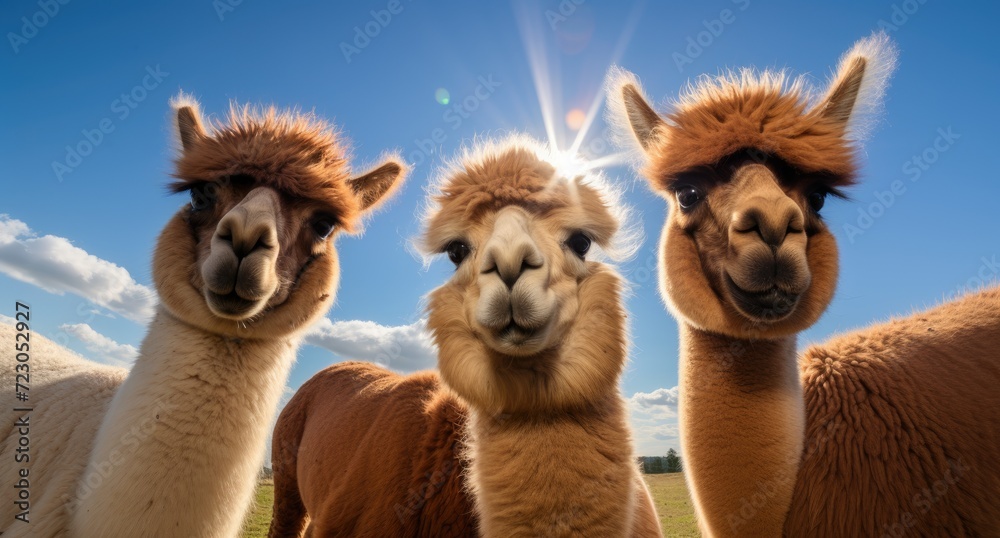 A group of llamas, with their long necks and shaggy fur, stand closely together in a spacious field.