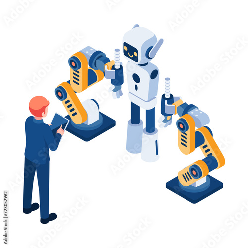 Isometric Businessman Use Robotic Arm Build Ai Robot