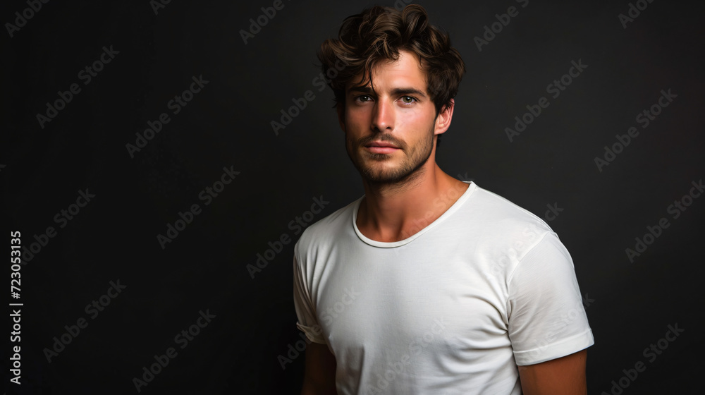 Portrait of a Handsome Male Model Wearing a blank White T-Shirt mock up. Isolated on a Dark Colored Background