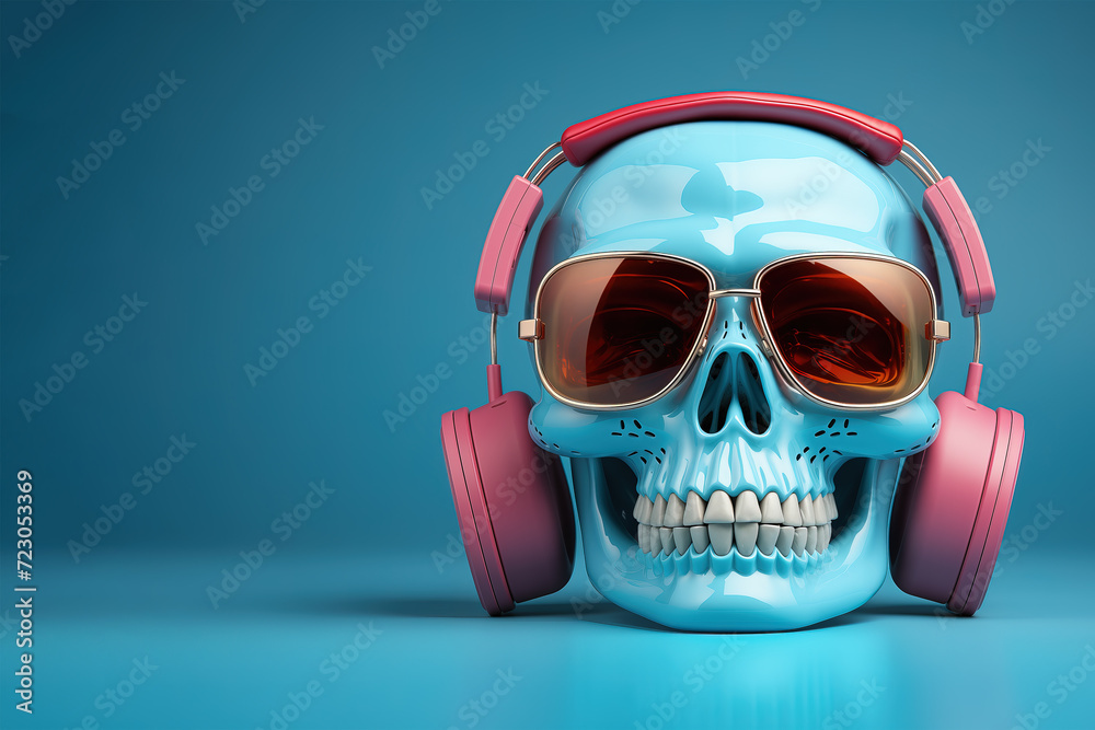 A skull-shaped headphone and sunglasses stand with space for text. A skull-shaped headphone and sunglasses stand with space for text.