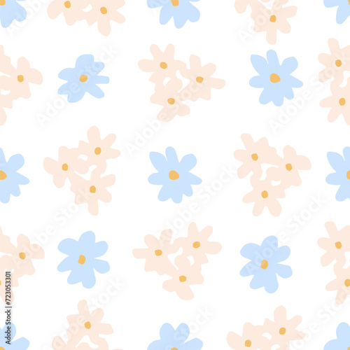 Simple delicate floral vector seamless pattern in pastel colors. Light pink, blue flowers on a white background. For fabric prints, bed linen, textiles.
