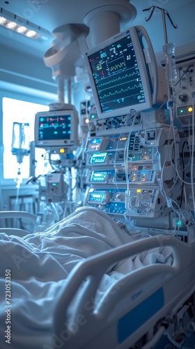 A seriously ill patient is lying in the intensive care unit of the hospital, with various monitoring instruments inserted into his body