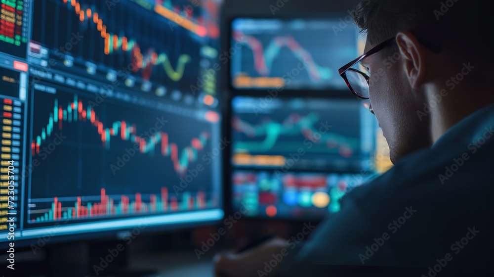 Digital screen, featuring graphs, static and data analysis. A male people analysing candlestick charts and financial indicators to forecast market movements and identify trading opportunity. Digital screen, featuring graphs, static and data analysis. A male people analysing candlestick charts and financial indicators to forecast market movements and identify trading opportunity.