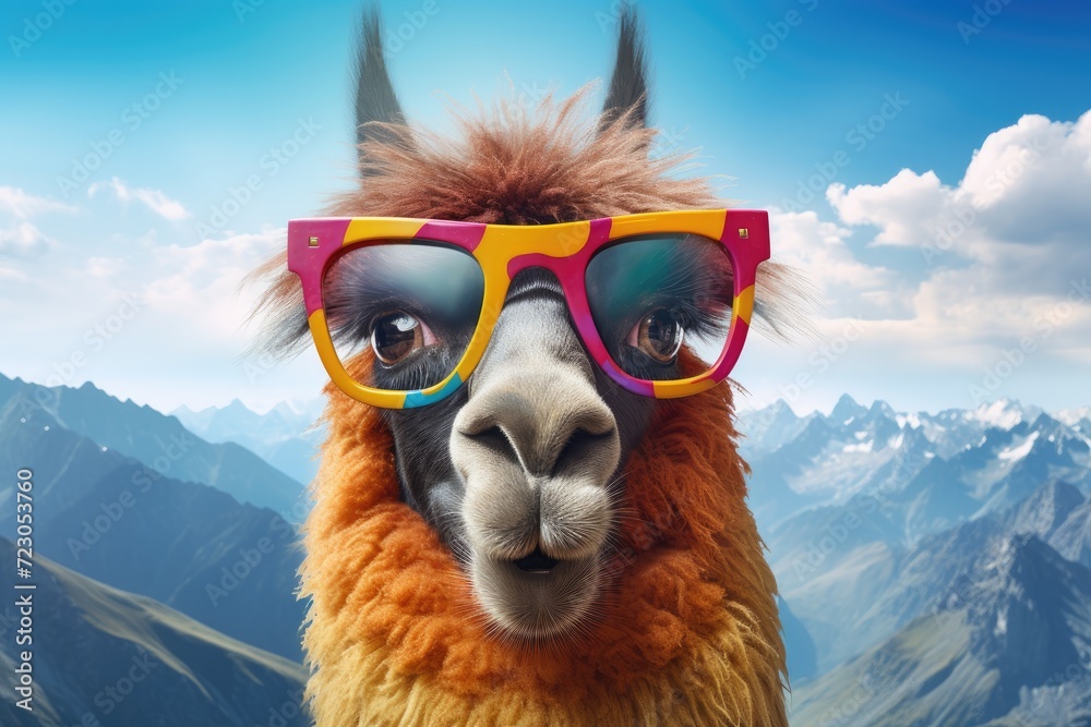 A llama wearing sunglasses stands against a backdrop of majestic mountains.