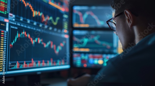 Digital screen, featuring graphs, static and data analysis. A male people analysing candlestick charts and financial indicators to forecast market movements and identify trading opportunity.