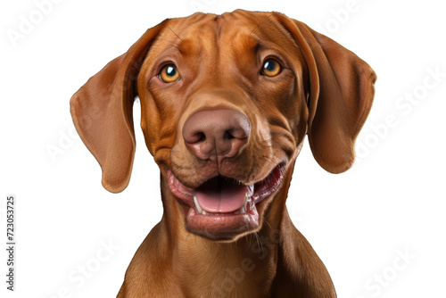 Cute dog or pet is looking happy isolated on transparent background. Brown vizsla young dog is posing