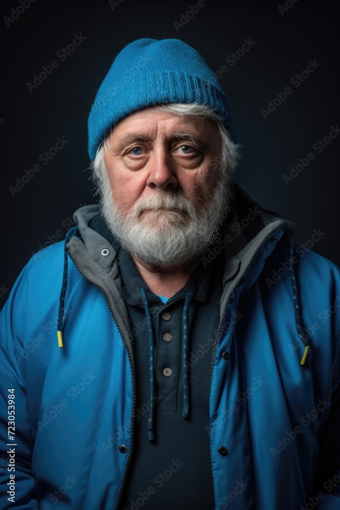 Obraz premium A bearded man wearing a blue hat stands confidently in front of the camera.