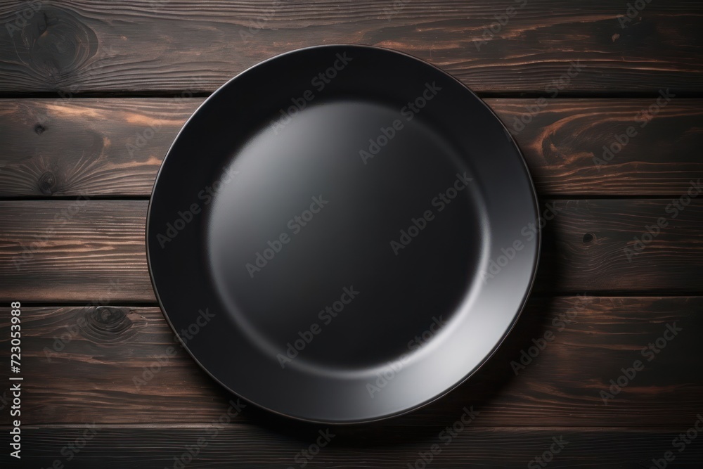 Empty black plate on brown rustic wooden background, flat lay. Generative AI Empty black plate on brown rustic wooden background, flat lay. Generative AI