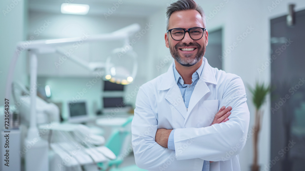 smiling male dentist in a white coat in a dental office