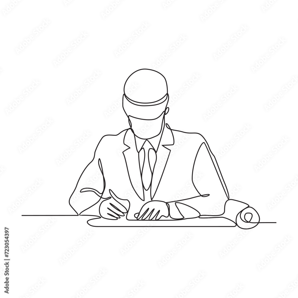 One continuous line drawing of construction engineer is reading the design and directing workers on site vector illustration. A construction engineer is working in the site office vector illustration.