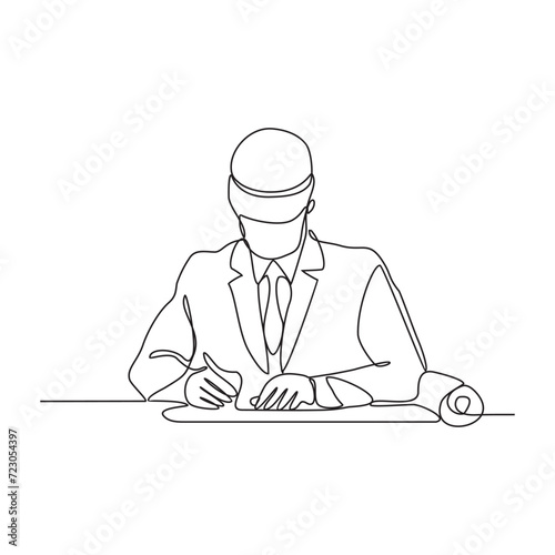 One continuous line drawing of construction engineer is reading the design and directing workers on site vector illustration. A construction engineer is working in the site office vector illustration.