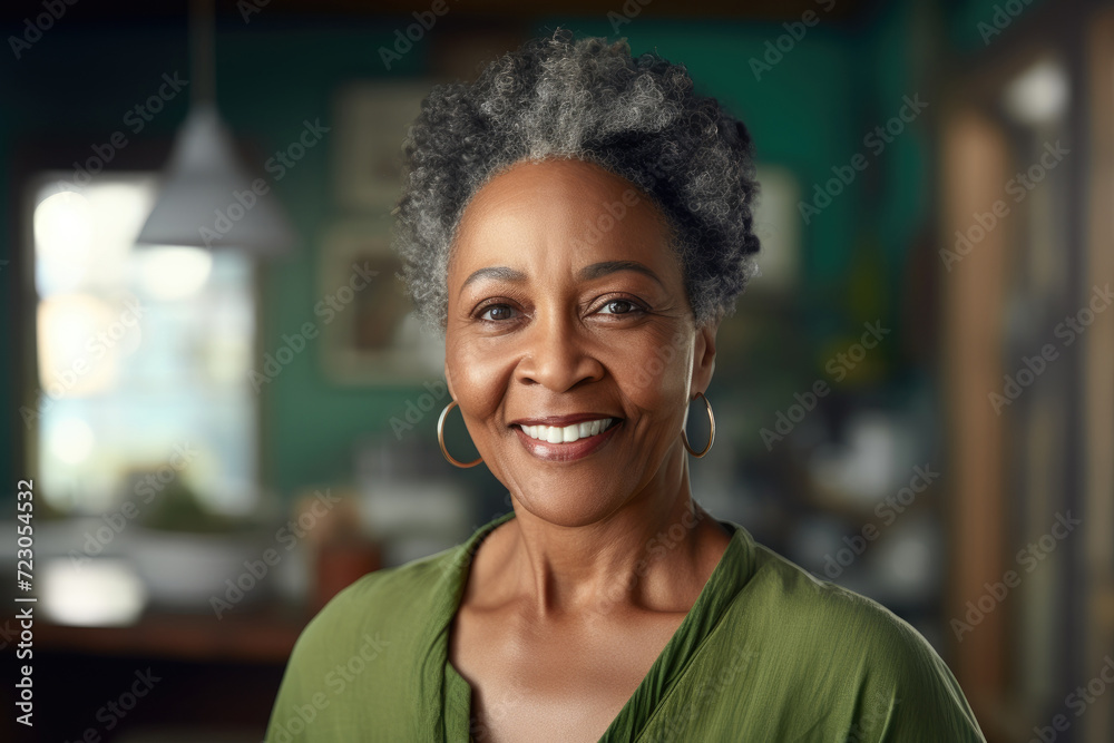 A woman with grey hair smiles directly at the camera, radiating warmth and positivity.