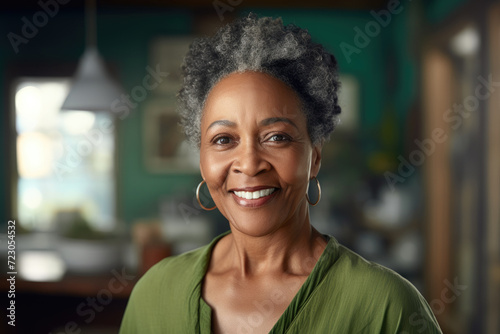 A woman with grey hair smiles directly at the camera, radiating warmth and positivity.