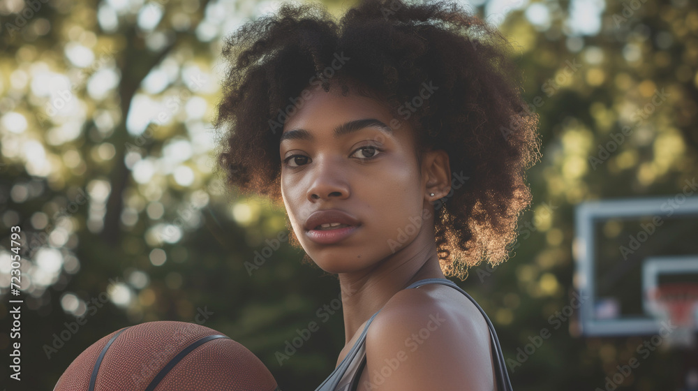 female poc basketball player at outside court with backboard and hoop in background holding ball female poc basketball player at outside court with backboard and hoop in background holding ball