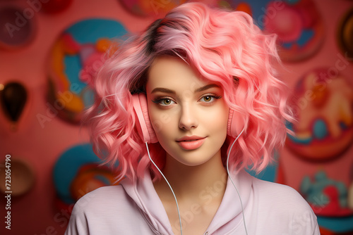 Pretty woman with pink hair wearing headphones smiling on pink background.