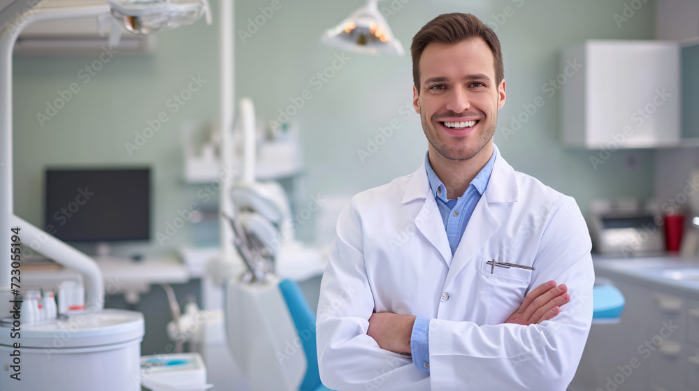 smiling male dentist in a white coat in a dental office smiling male dentist in a white coat in a dental office