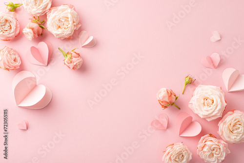 Fototapeta Naklejka Na Ścianę i Meble -  Celebrate your dazzling diva on Women's Day! A chic top view shot of tender rose blossoms and charming hearts set on a soft pink backdrop. Perfect for a heartfelt message or advertisement