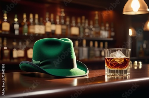 glasses on bar counter. Green hat and glass of wine on the bar counter. St.Patrick 's Day © Soul