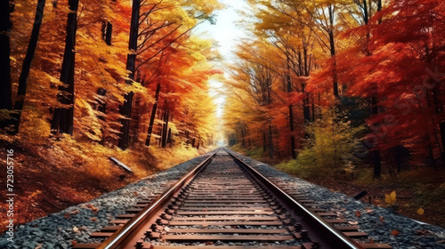 Double track railway Among the forests in the autumn.