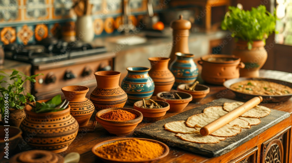 Indian kitchen scene with an array of spices in terracotta pots, a rolling pin, and a tava for making chapatis. Indian kitchen scene with an array of spices in terracotta pots, a rolling pin, and a tava for making chapatis.