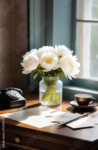 white peonies in a vase on a desk by the window in a mansion, vintage style.
