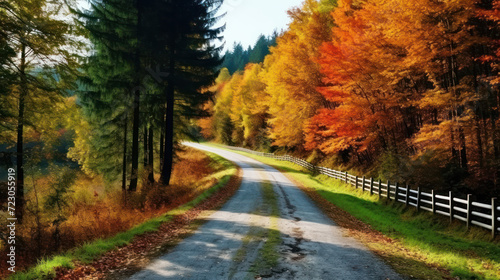 Rural road Among the forests in the autumn.