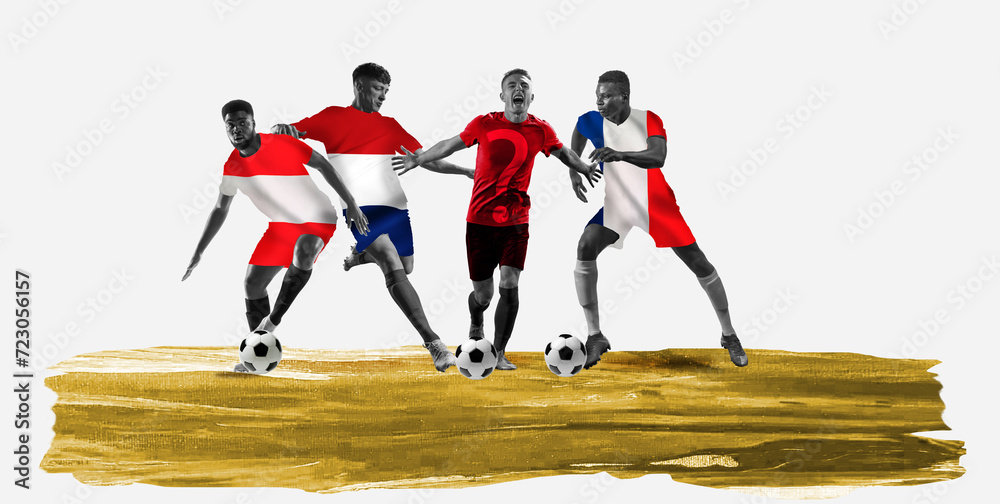 Competitive men, soccer players in motion representing team of Austria, Netherlands, France, Playoff winner A. Concept of championship, tournament. Group stage D of Euro 2024