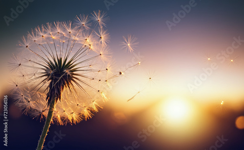 Dandelion seeds in the sunlight blowing away across a fresh green morning background. AI generated