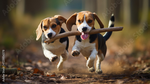 A beagle dog playing with his best friend