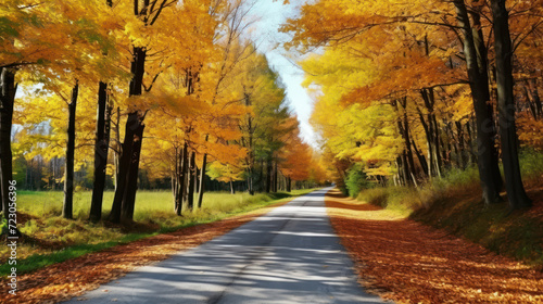 Rural road Among the forests in the autumn.