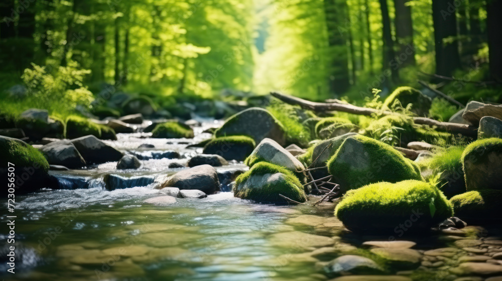 Spring forest nature landscape, beautiful spring stream, river rocks in mountain forest. Spring forest nature landscape, beautiful spring stream, river rocks in mountain forest.
