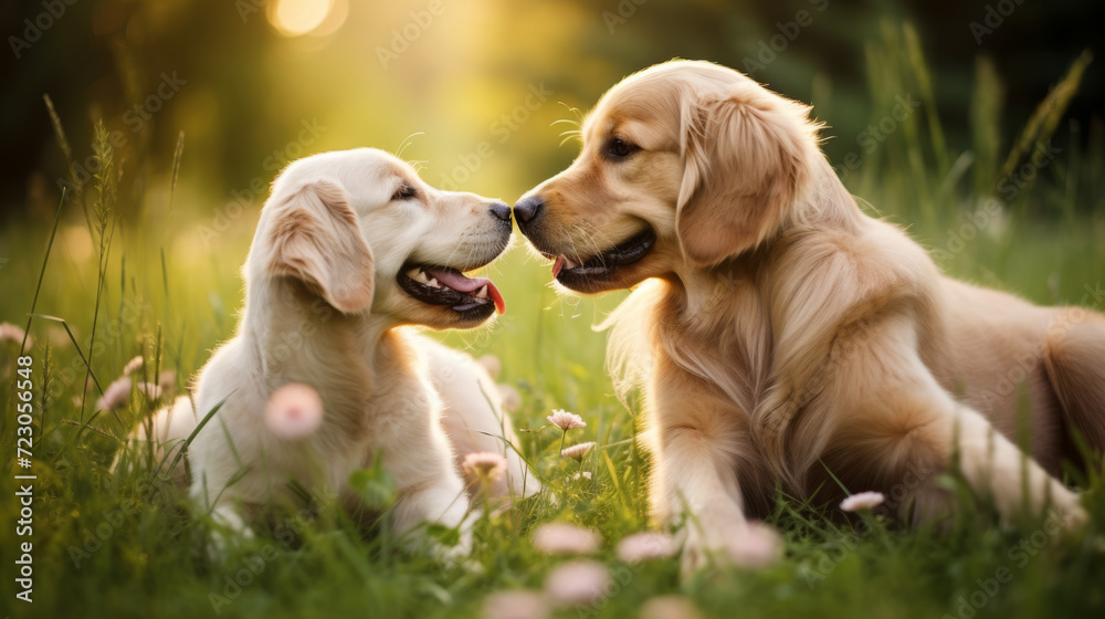 A golden retriever with his best friend, happy. A golden retriever with his best friend, happy.