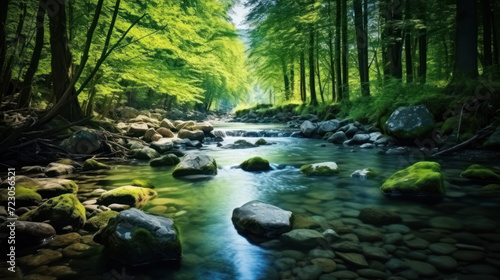 Spring forest nature landscape, beautiful spring stream, river rocks in mountain forest.