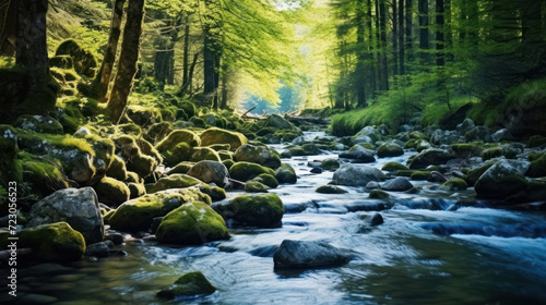 Spring forest nature landscape, beautiful spring stream, river rocks in mountain forest.