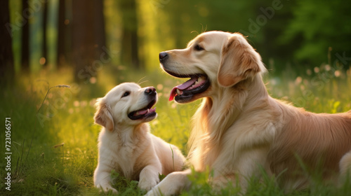 A golden retriever with his best friend, happy.