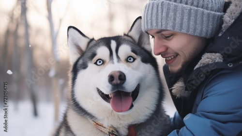 A happy husky dog with his best friend in the snow © Murkemur