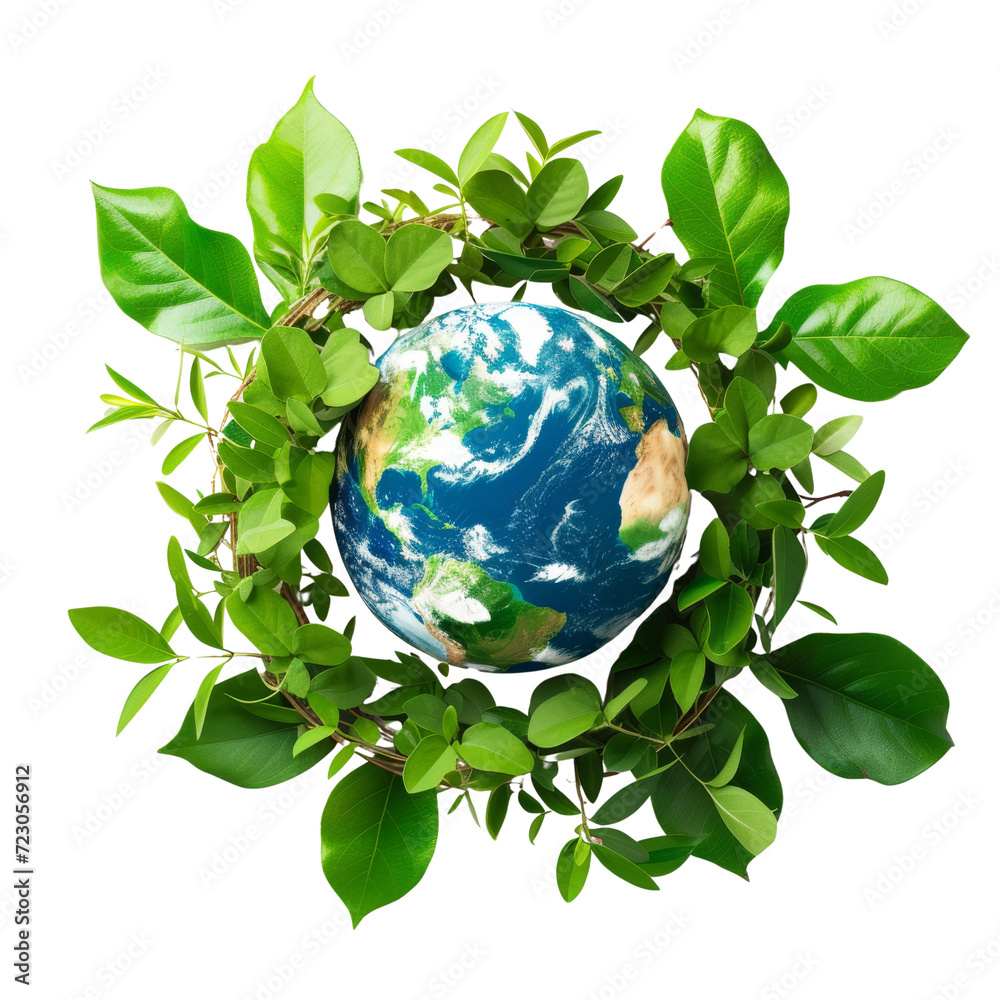 Illustration of the Earth surrounded by green leaves, symbolizing eco-friendliness, Earth day concept Illustration of the Earth surrounded by green leaves, symbolizing eco-friendliness, Earth day concept