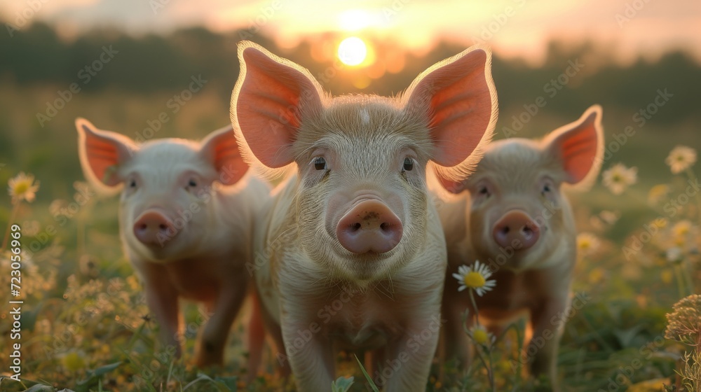pigs on a field with amazing light pigs on a field with amazing light