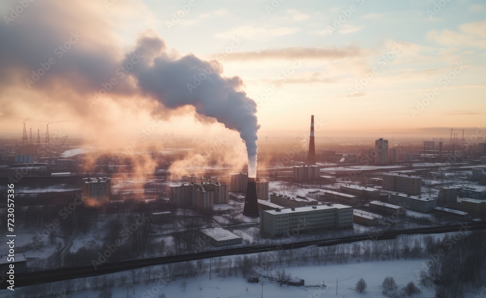 A factory releasing thick smoke from its chimneys, causing air pollution.